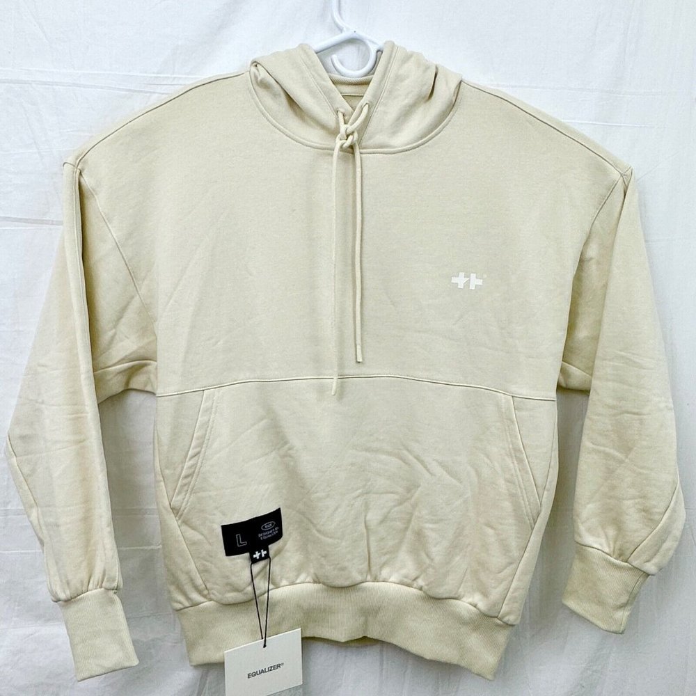 Japanese Kanji Long Sleeve Pullover Hoodie Unisex L Beige Equalizer Salute